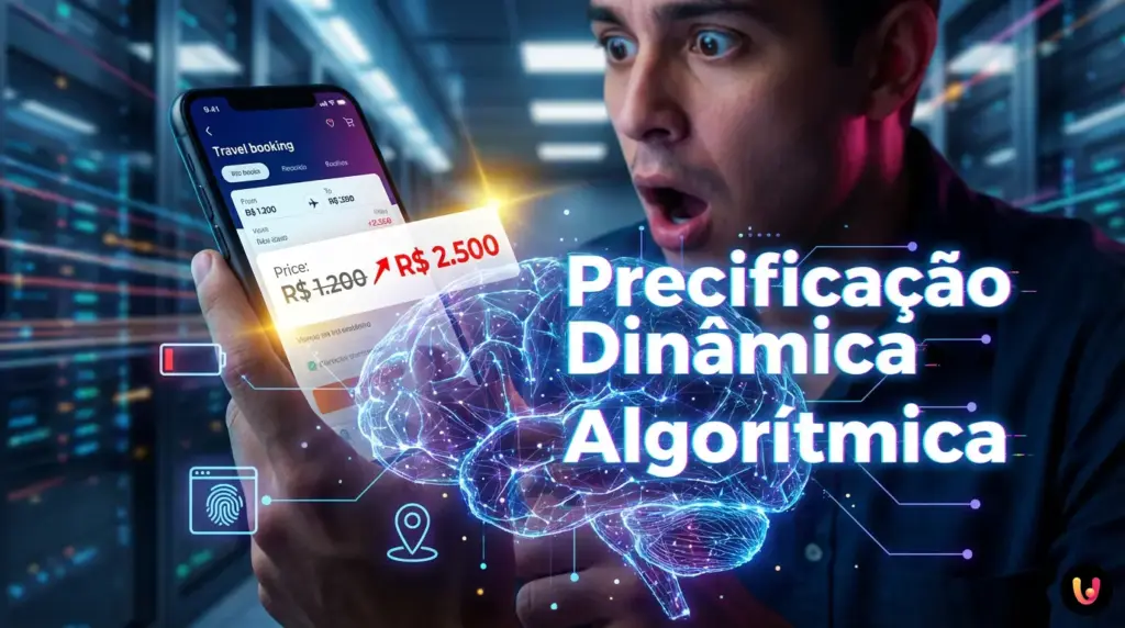 Carrinho de compras digital com etiquetas de pre&ccedil;os flutuantes e c&oacute;digos de algoritmo ao fundo.