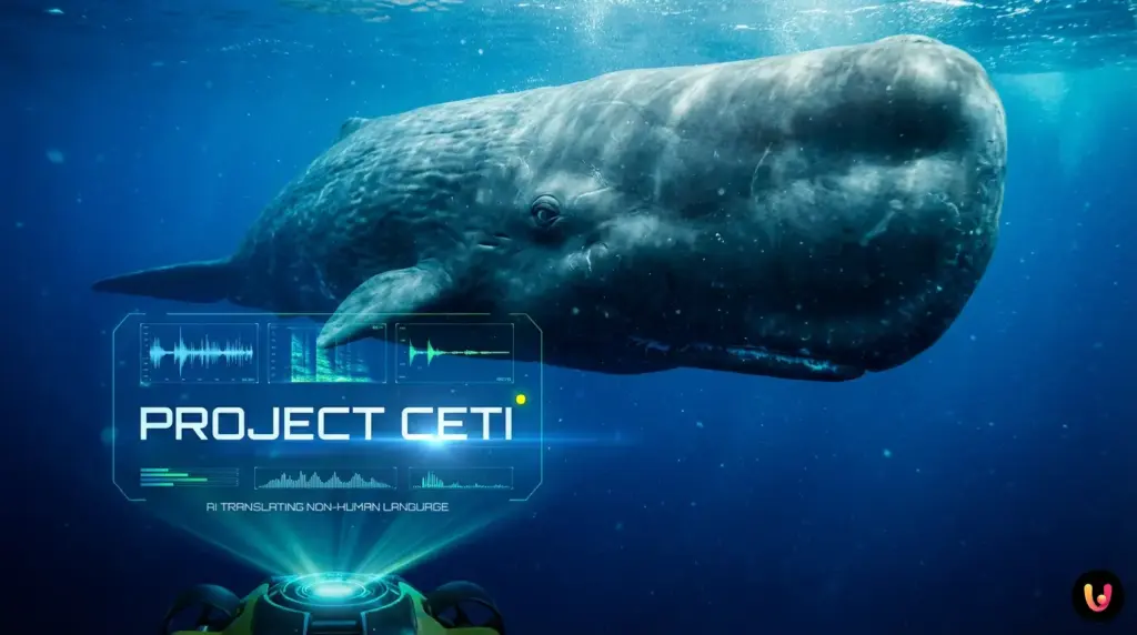 A gramática secreta do oceano: IA traduz linguagem não-humana Cachalote majestoso nadando no oceano profundo enquanto emite ondas sonoras de comunicação.