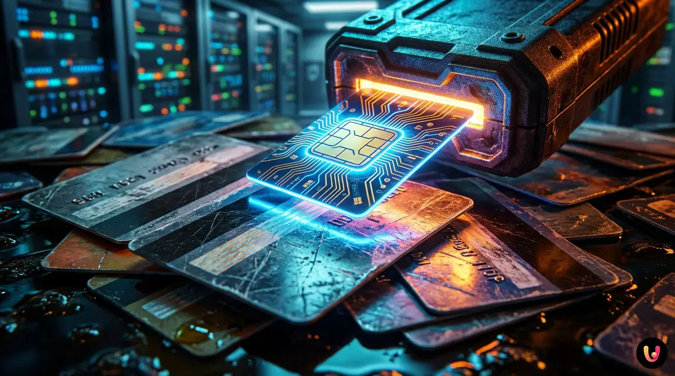 Dettaglio ravvicinato del microchip EMV su una carta di credito.