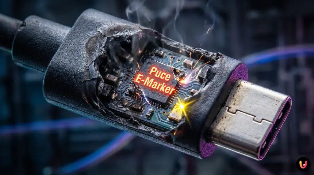 Gros plan connecteur USB-C r&eacute;v&eacute;lant la puce E-Marker interne