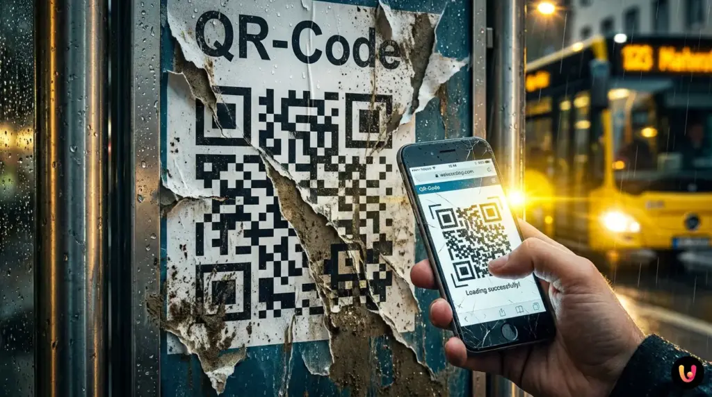 Ein zerrissener und zerkratzter QR-Code auf einem nassen Plakat wird von einem Smartphone gescannt.