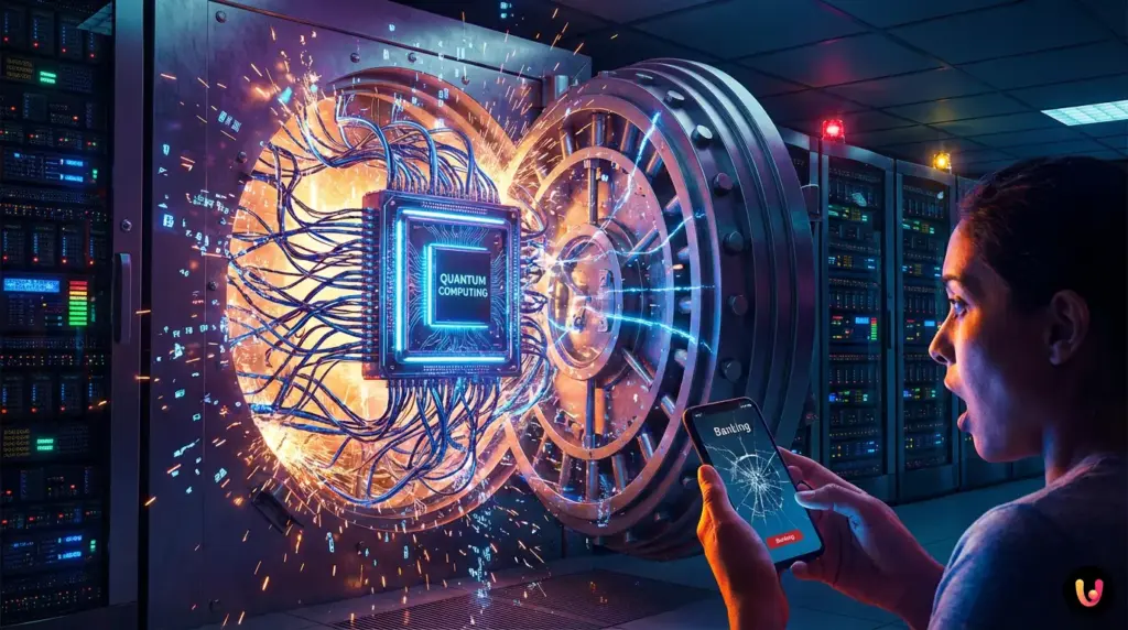 Procesor cuantic luminos care sparge o &icirc;ncuietoare digitală de securitate bancară.