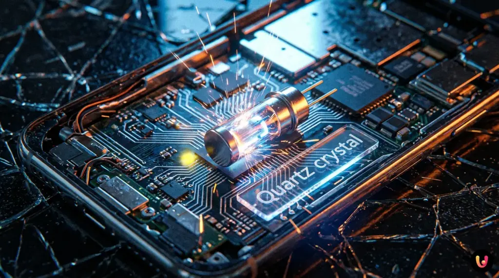 Close-up of a tiny quartz crystal oscillator mounted on a modern computer circuit board.
