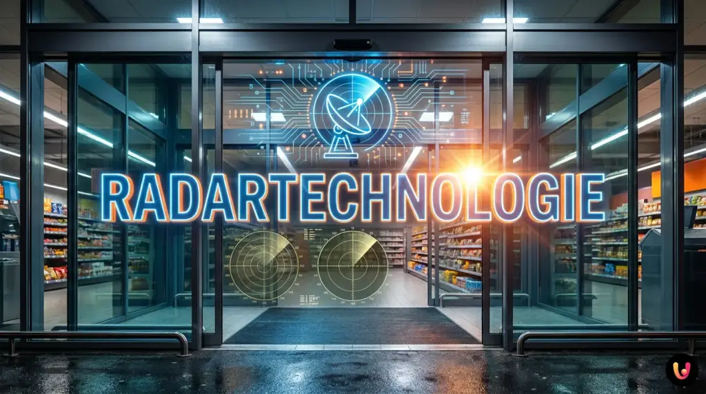 Eine Person mit Einkaufswagen geht durch eine sich &ouml;ffnende automatische Glast&uuml;r im Supermarkt.