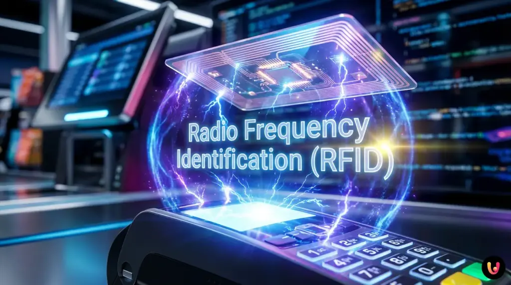 The Invisible Power Grid Inside Your Contactless Card A contactless credit card hovering over a payment terminal, showing glowing electromagnetic waves.