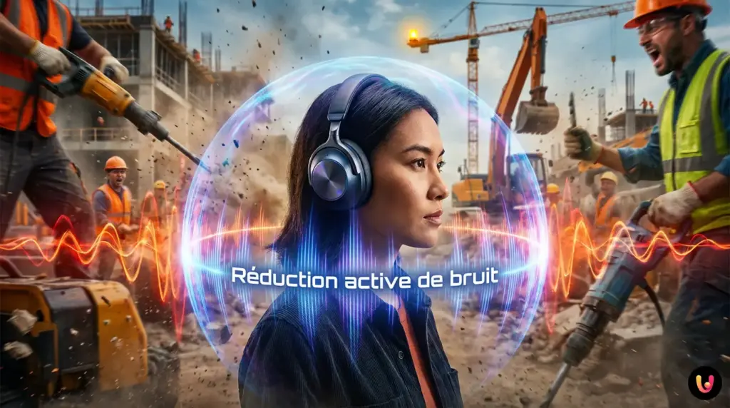 Gros plan sur un casque audio illustrant la r&eacute;duction active de bruit.