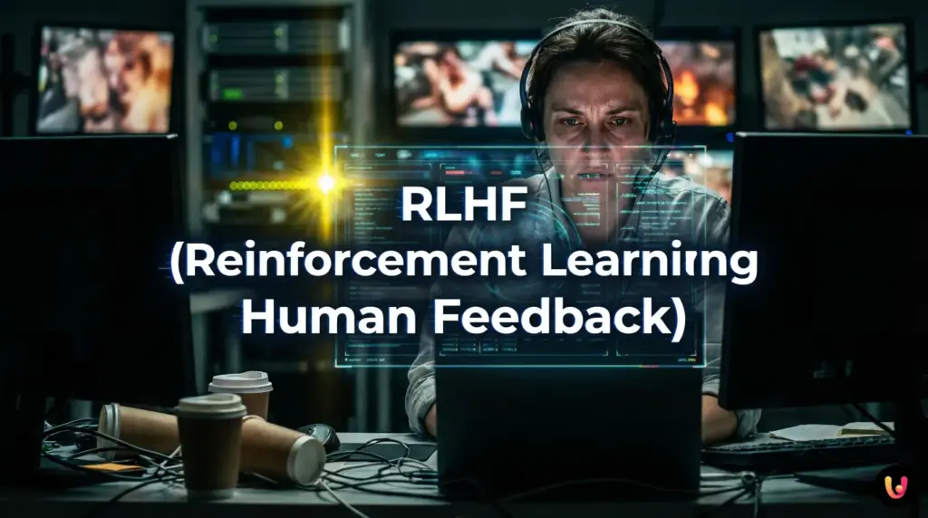 La ilusión de la máquina inmaculada: la verdad oculta del RLHF Silueta humana trabajando detrás de una interfaz digital de inteligencia artificial limpia