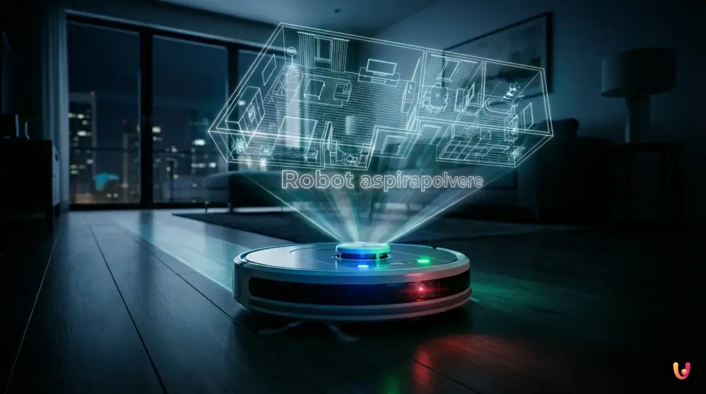 Robot aspirapolvere scansiona il salotto con tecnologia LiDAR e crea planimetria digitale