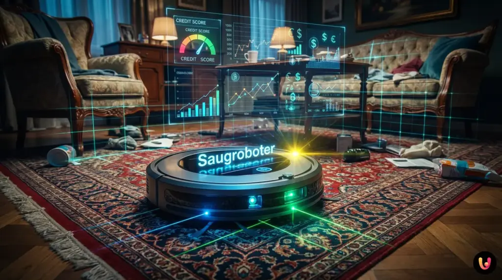 Un robot aspirador moderno escanea con sensores l&aacute;ser el suelo de moqueta en un sal&oacute;n.