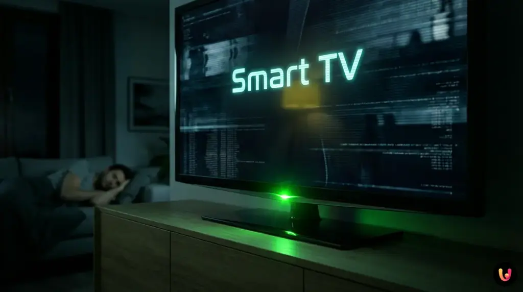Dettaglio di una Smart TV in penombra con il led verde di stand-by acceso.