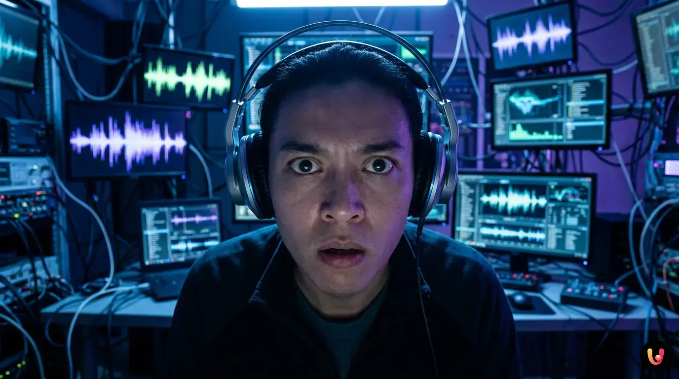 Futuristische Oberfl&auml;che zur Sprachtranskription mit Schallwellen, die von KI in Text umgewandelt werden.