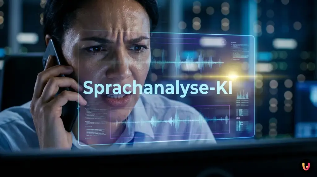 Mann telefoniert mit Smartphone, w&auml;hrend digitale Schallwellen seine Stimme analysieren.