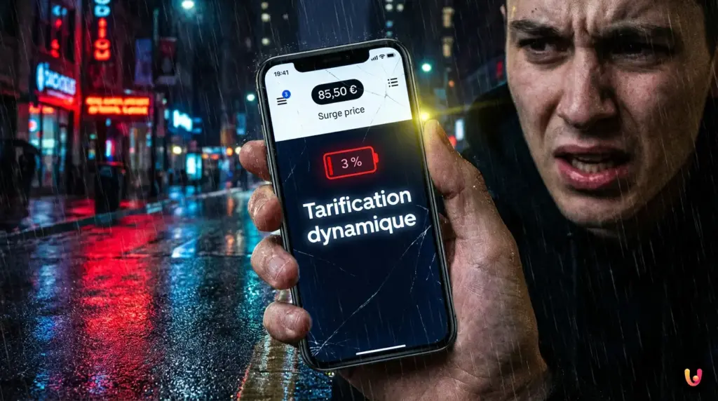 Tarification dynamique : l’IA traque ce détail pour gonfler vos prix Écran de smartphone avec une batterie rouge à 5% et un tarif en forte augmentation.