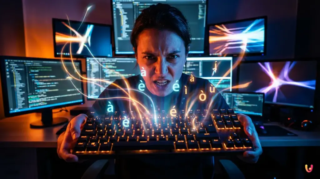 D&eacute;tail d'un clavier avec disposition am&eacute;ricaine pour &eacute;crire les voyelles accentu&eacute;es.