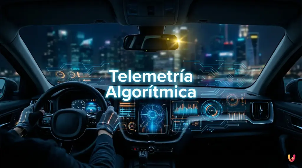 Interior de coche moderno mostrando datos digitales de telemetr&iacute;a y sensores en el salpicadero.