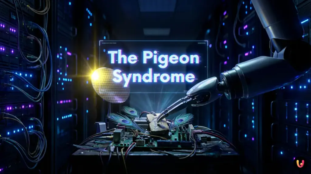 A robotic pigeon surrounded by glowing digital code representing AI superstitions.