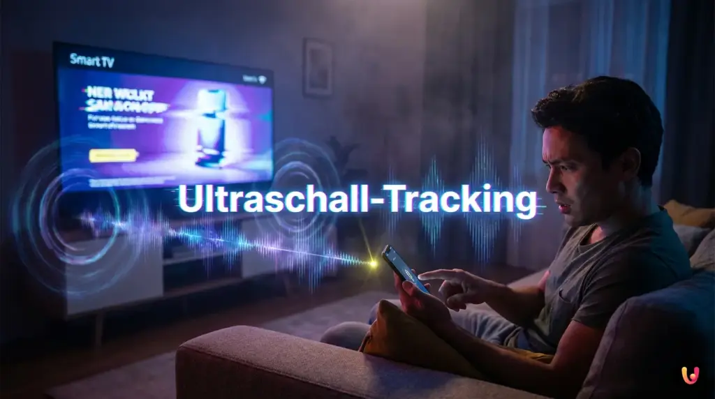 Ein Smart-TV und ein Smartphone, die &uuml;ber unsichtbare Ultraschall-Wellen kommunizieren.