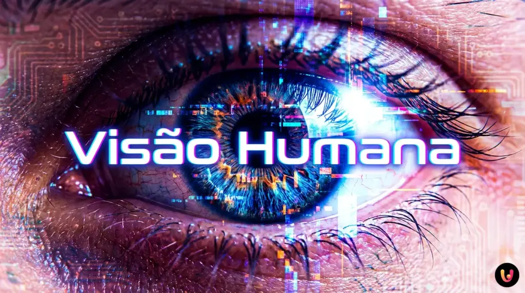 Realidade sintética: por que seus olhos não são mais testemunhas Olho humano observando uma realidade distorcida por algoritmos de inteligência artificial