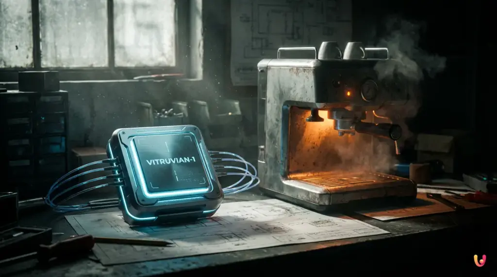 Chip neuromorfico illuminato che mostra l'efficienza energetica del modello IA Vitruvian-1.