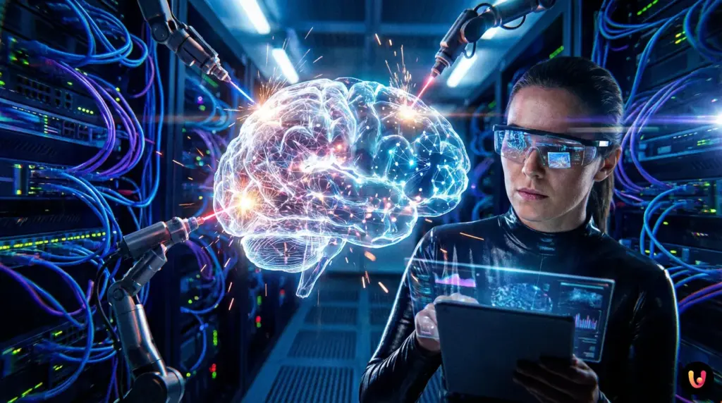 Rete neurale digitale che illustra il processo di quantizzazione e pruning di Vitruvian-1.