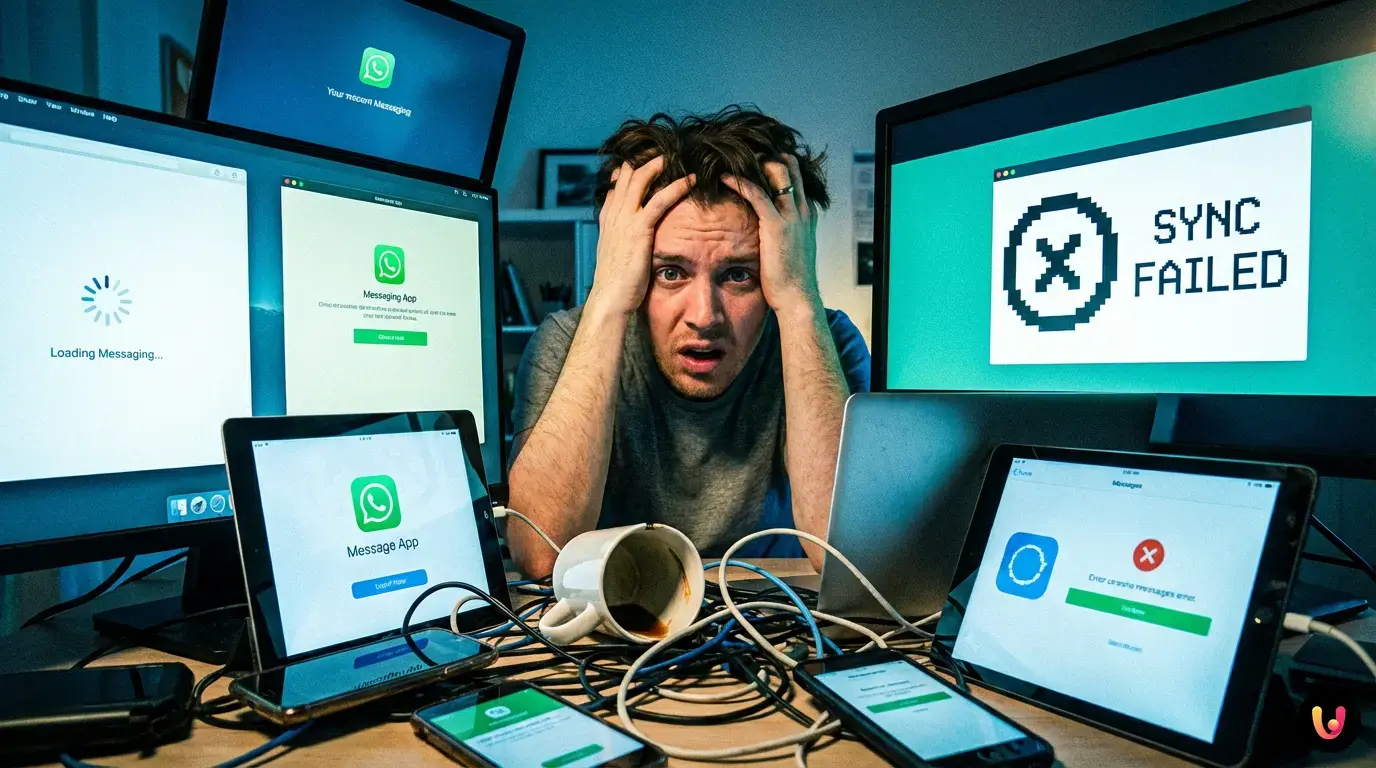 Errore sincronizzazione WhatsApp Web su PC Computer portatile con errore di sincronizzazione su WhatsApp accanto a uno smartphone.