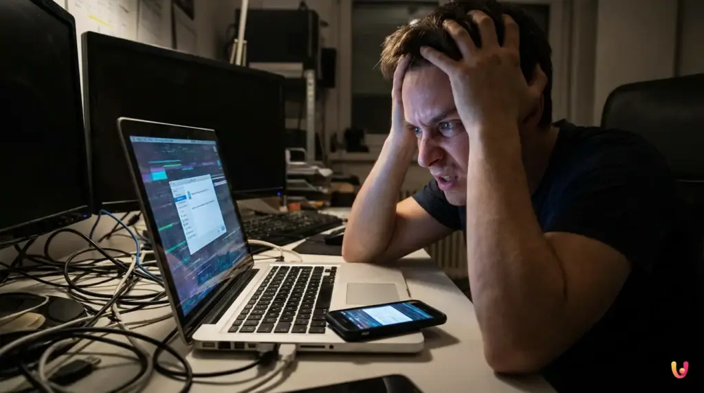 Laptop con schermata di caricamento di WhatsApp Web e smartphone vicino.