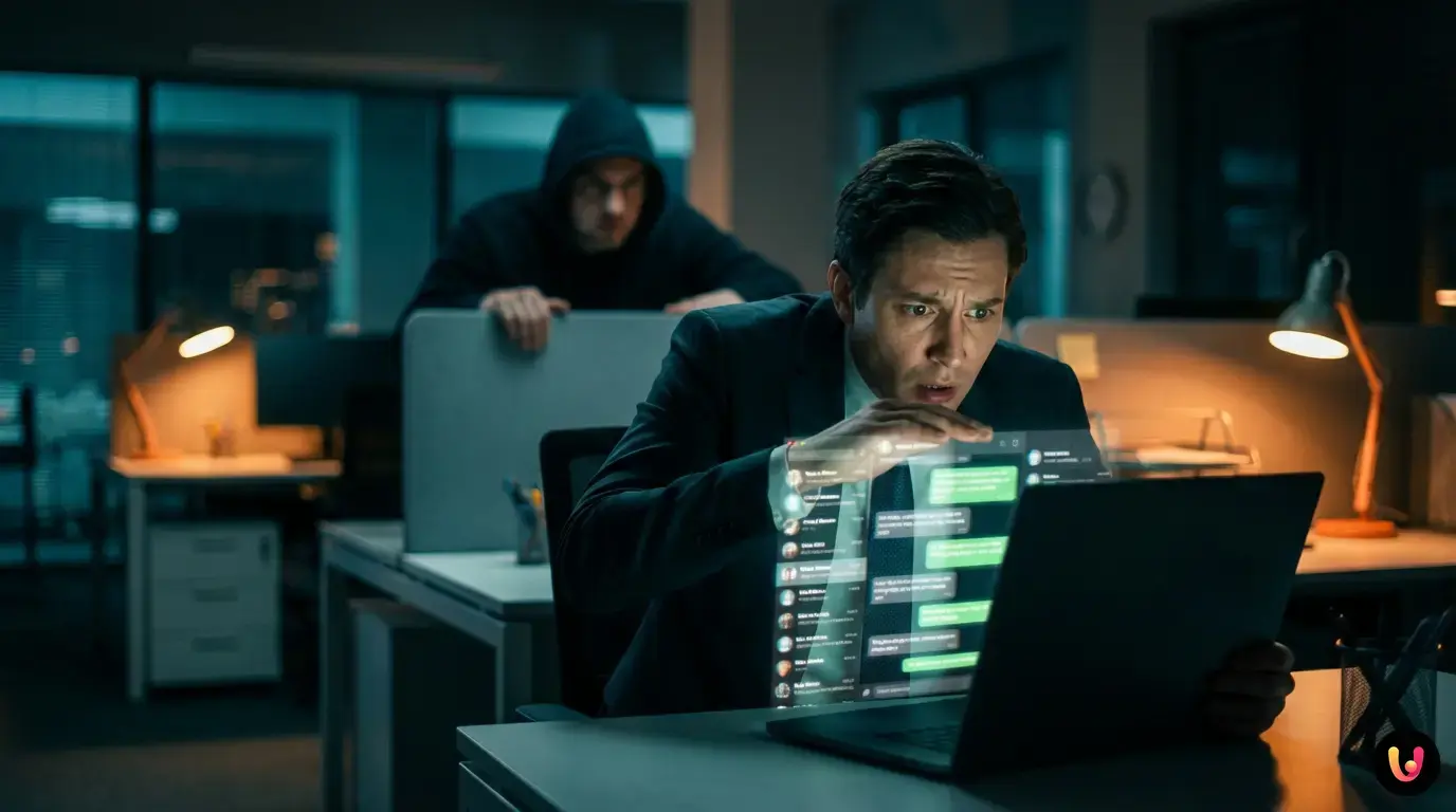 Monitor con WhatsApp Web che mostra contatti e messaggi sfocati per proteggere la privacy.