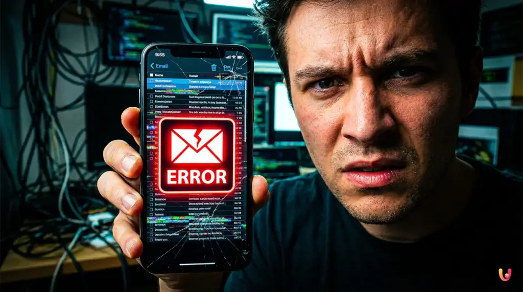 iPhone screen showing the Mail app with Yahoo account synchronization problems.