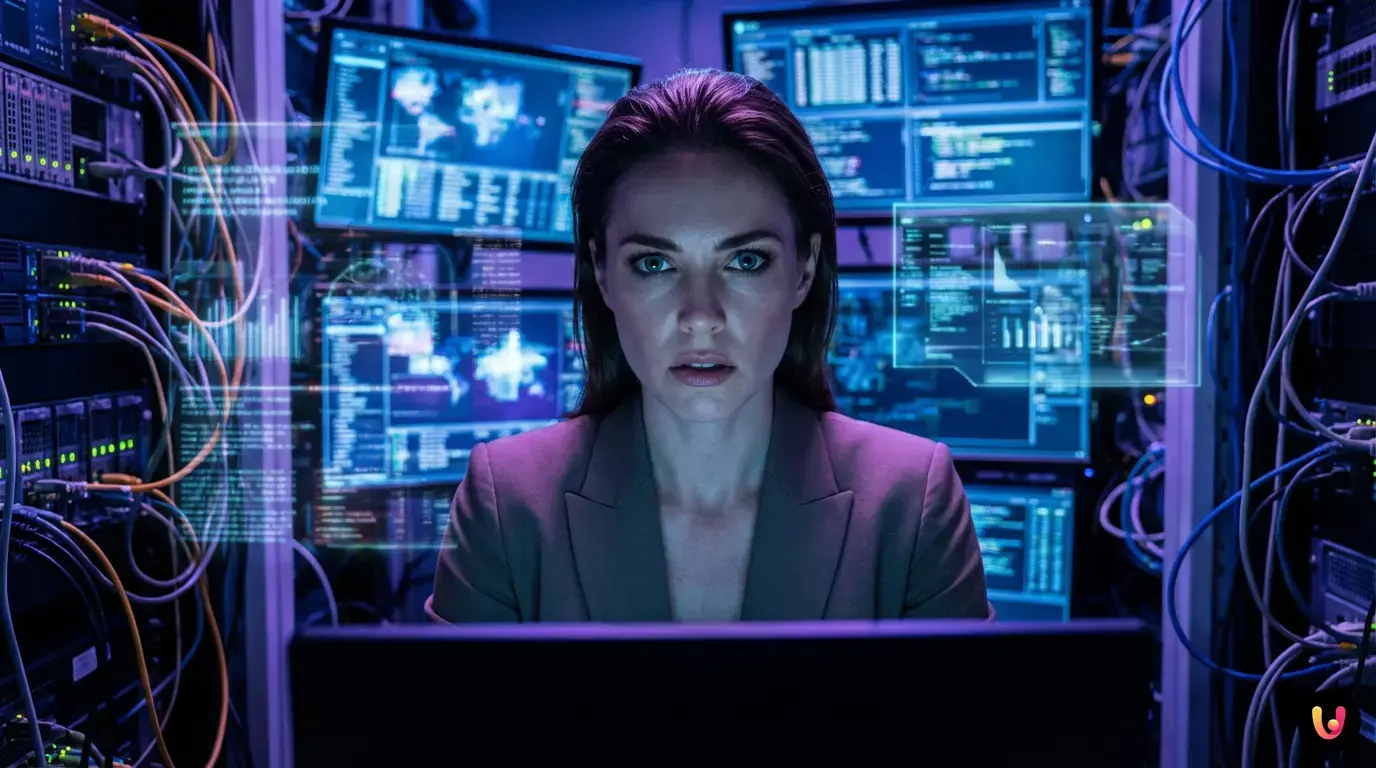 Professionista al computer che utilizza l'interfaccia aziendale di Yahoo Mail Business.