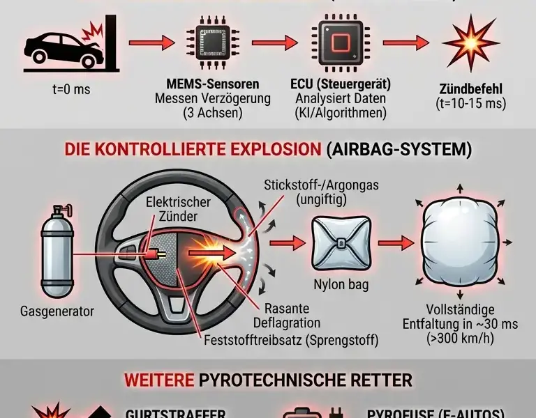Infografica: 30 Millisekunden: Warum moderne Autos Sprengstoff brauchen