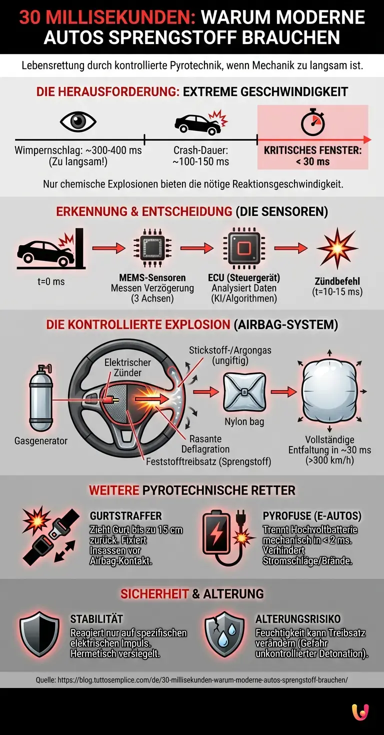 30 Millisekunden: Warum moderne Autos Sprengstoff brauchen - Zusammenfassende Infografik