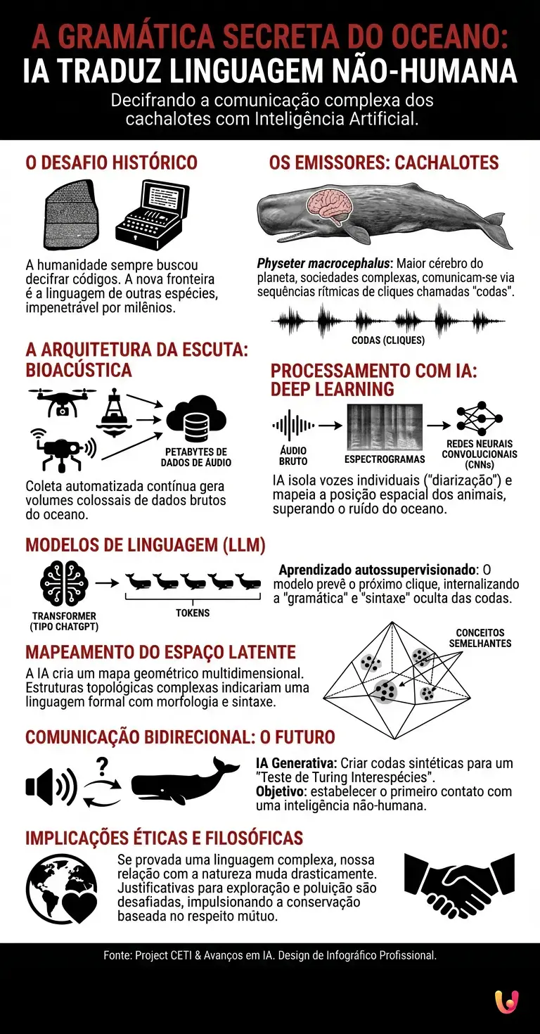 A gram&aacute;tica secreta do oceano: IA traduz linguagem n&atilde;o-humana - Infogr&aacute;fico resumido