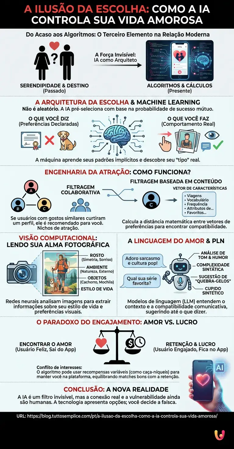 A ilus&atilde;o da escolha: como a IA controla sua vida amorosa. - Infogr&aacute;fico resumido