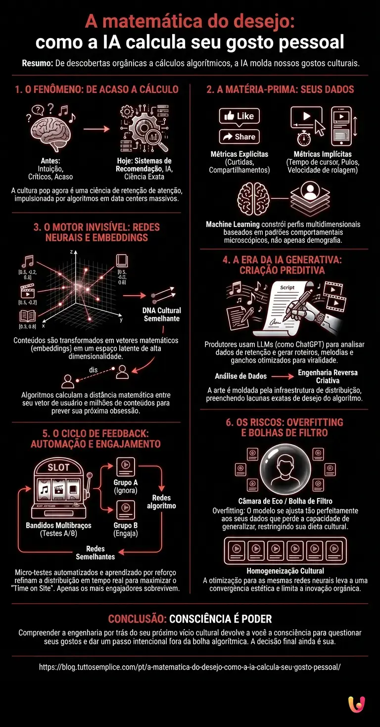 A matem&aacute;tica do desejo: como a IA calcula seu gosto pessoal - Infogr&aacute;fico resumido