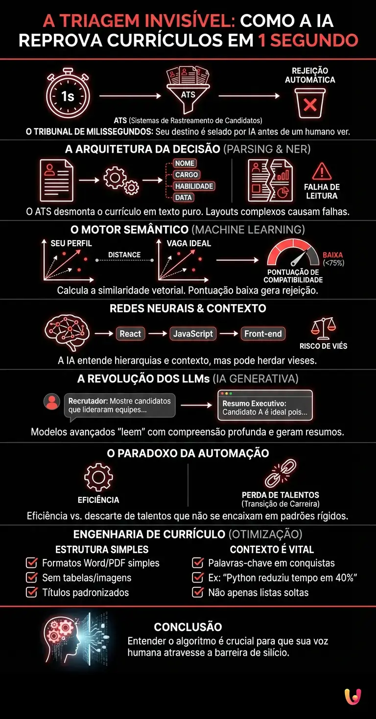 A triagem invis&iacute;vel: como a IA reprova curr&iacute;culos em 1 segundo - Infogr&aacute;fico resumido