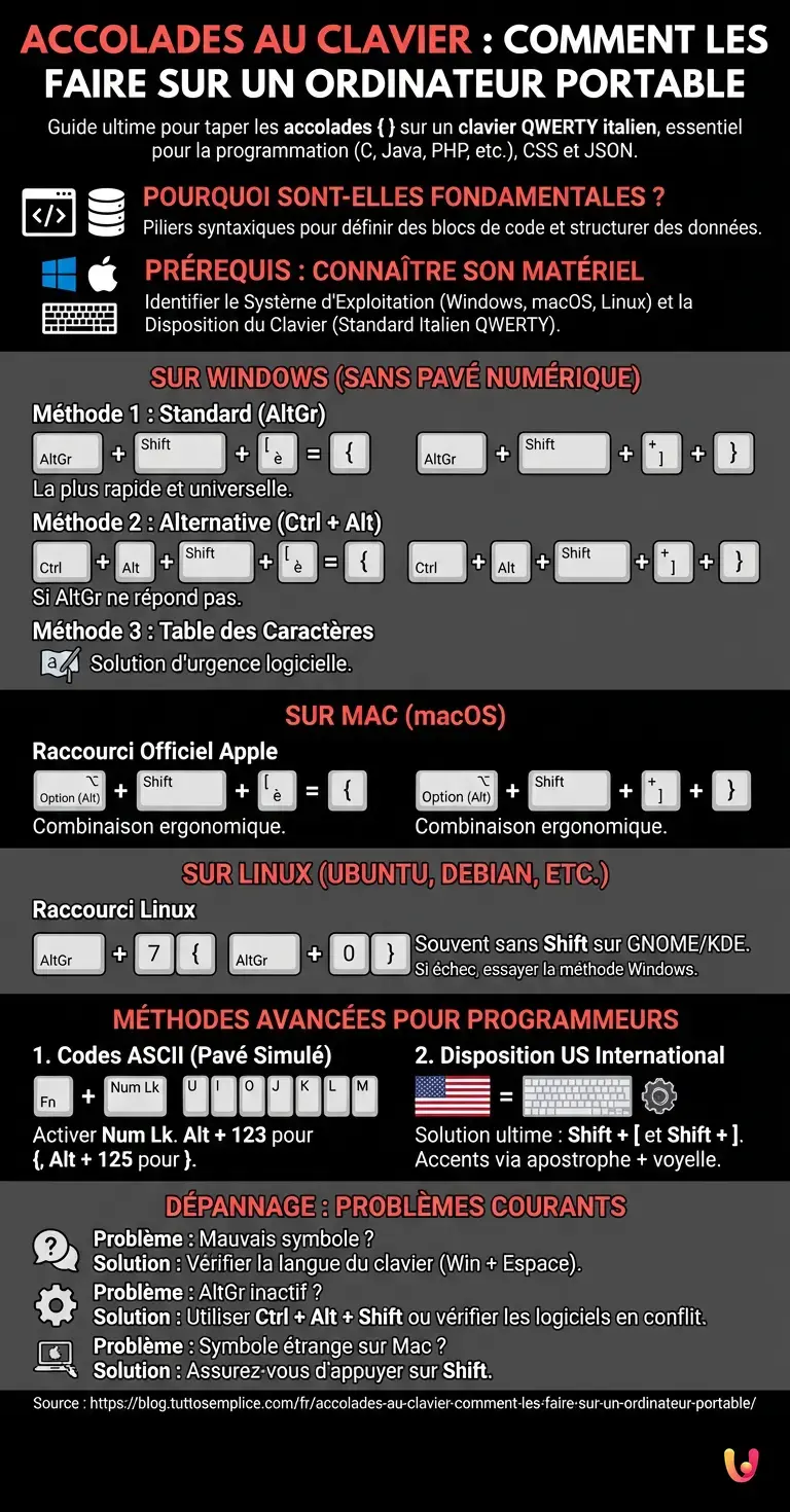 Accolades au Clavier : Comment les Faire sur un Ordinateur Portable - Infographie r&eacute;sumant