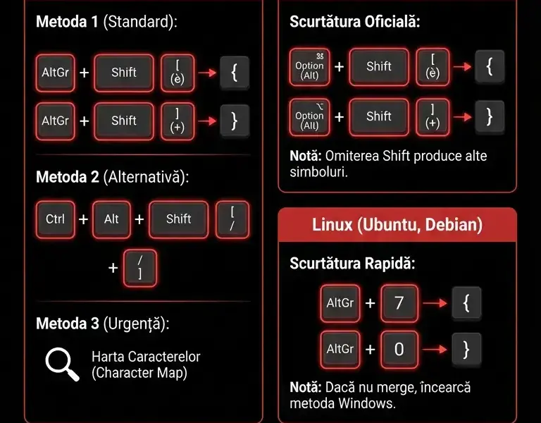 Infografica: Acolade pe Tastatură: Cum să le Faci pe Laptop
