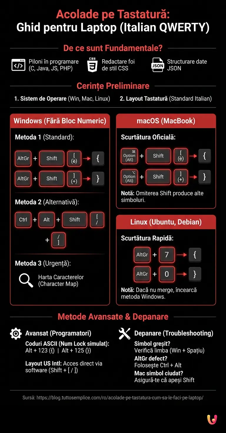 Acolade pe Tastatură: Cum să le Faci pe Laptop - Infografic rezumativ
