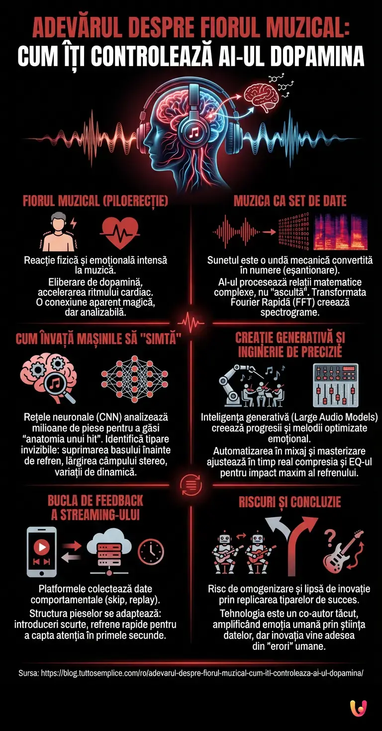 Adevărul despre fiorul muzical: Cum îți controlează AI-ul dopamina - Infografic rezumativ