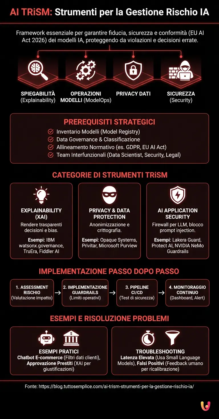 AI TRiSM: Strumenti per la Gestione Rischio IA - Infografica riassuntiva