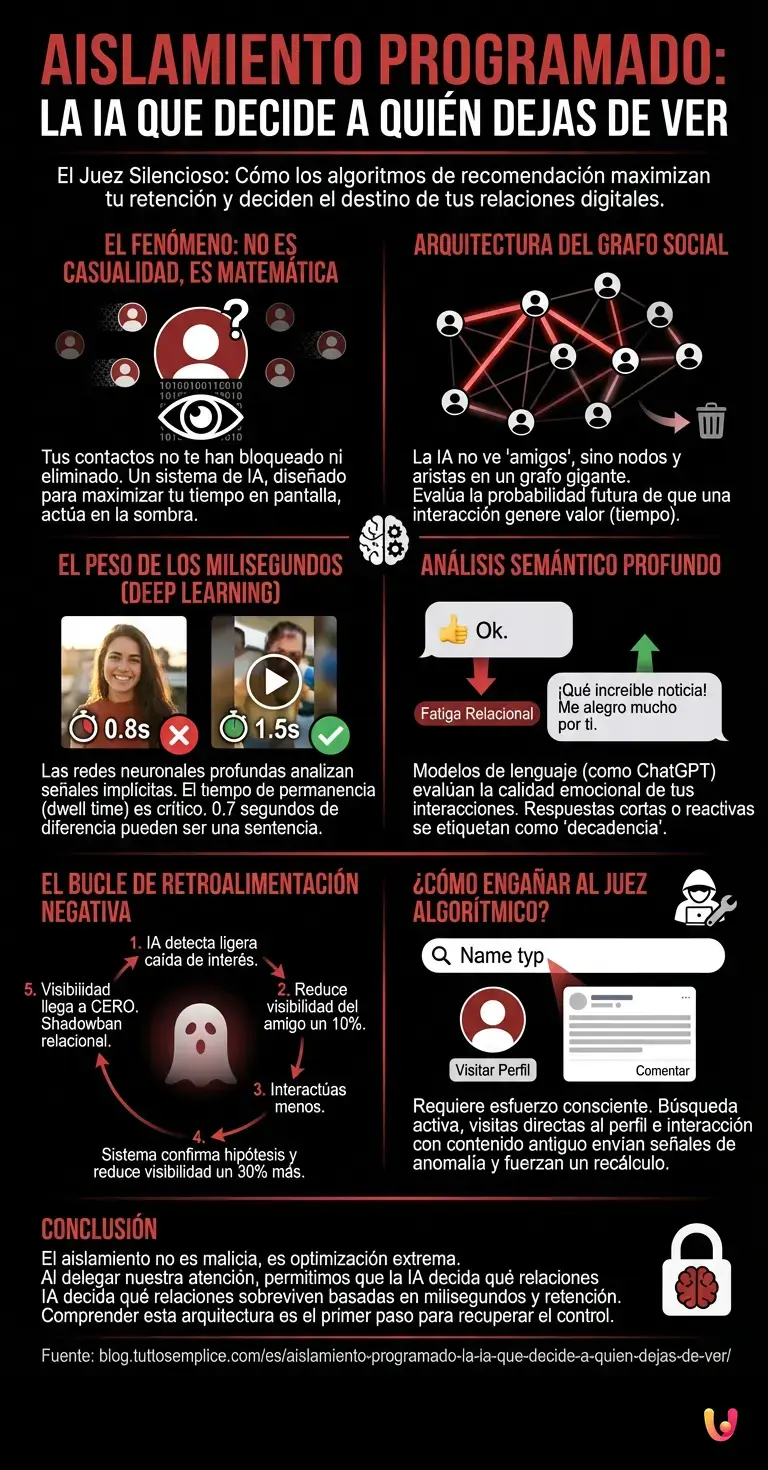 Aislamiento programado: la IA que decide a qui&eacute;n dejas de ver - Infograf&iacute;a resumen