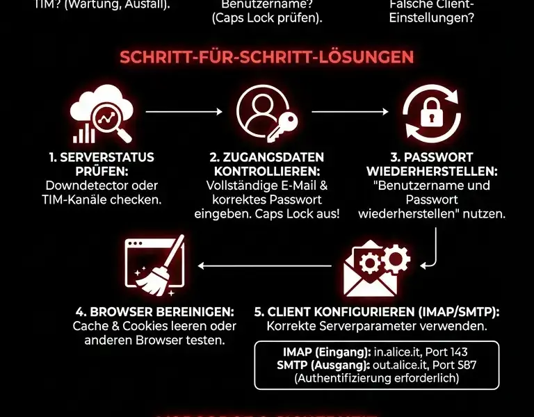 Infografica: Alice Mail funktioniert nicht? Anleitung zur L&ouml;sung von Anmeldeproblemen