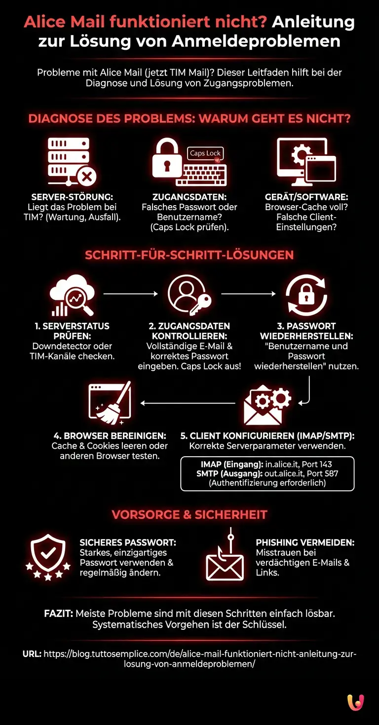 Alice Mail funktioniert nicht? Anleitung zur Lösung von Anmeldeproblemen - Zusammenfassende Infografik
