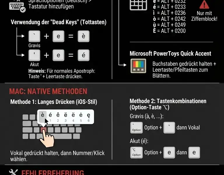 Infografica: Anleitung: Akzente auf englischer Tastatur unter Windows und Mac