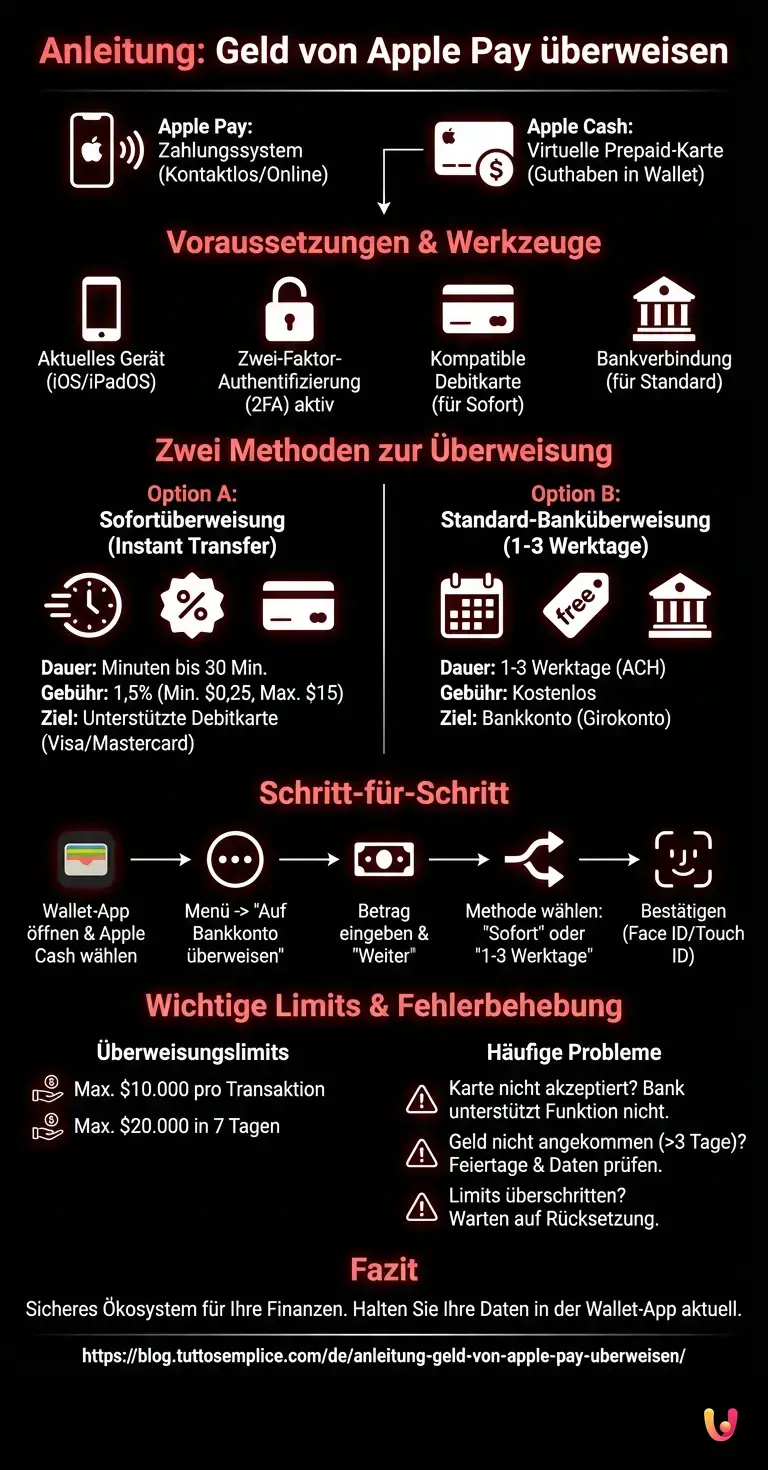 Anleitung: Geld von Apple Pay überweisen - Zusammenfassende Infografik