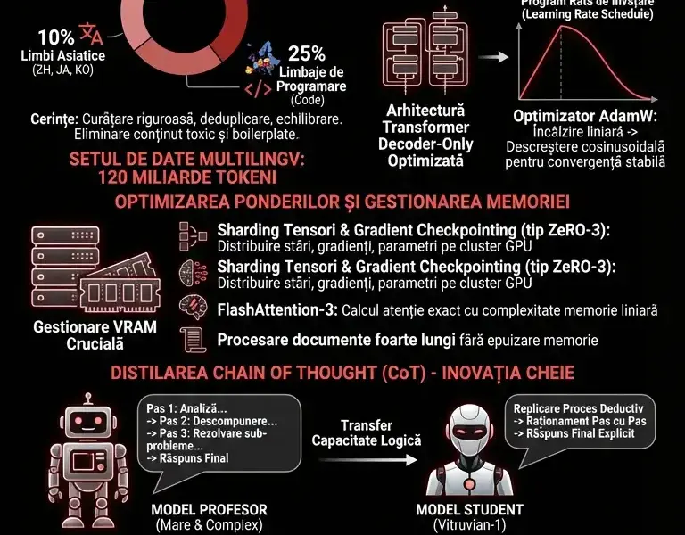 Infografica: Antrenarea Vitruvian-1: Pipeline și Distilarea CoT