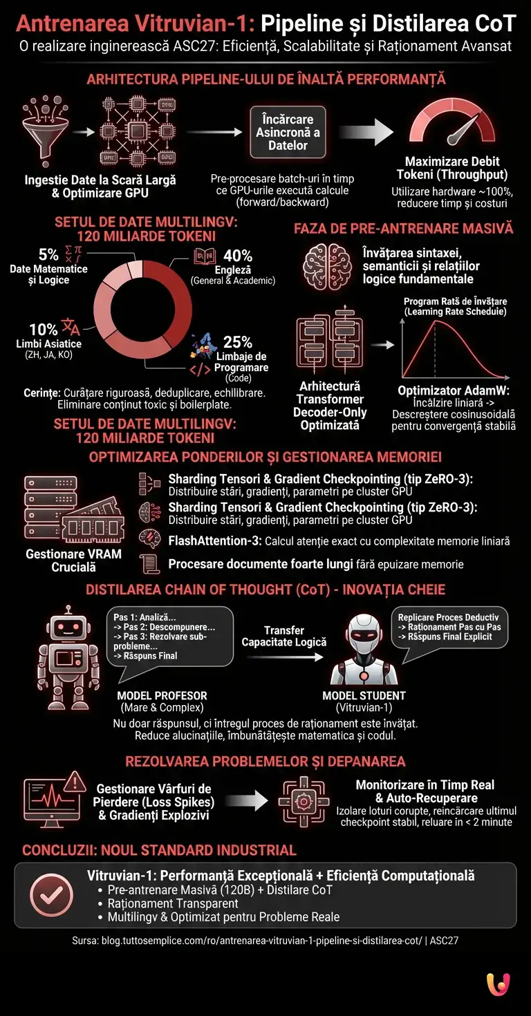 Antrenarea Vitruvian-1: Pipeline și Distilarea CoT - Infografic rezumativ