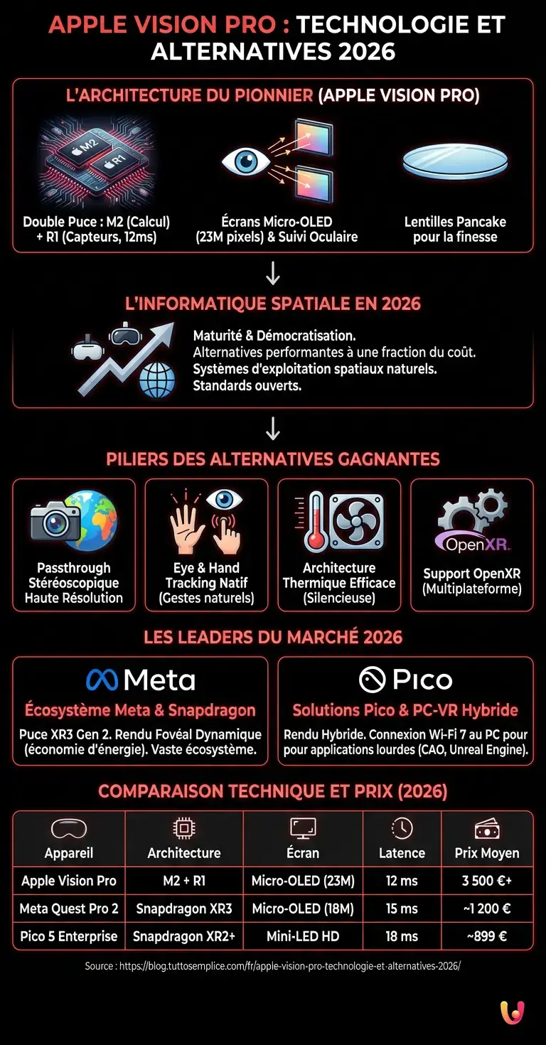 Apple Vision Pro : Technologie et Alternatives 2026 - Infographie r&eacute;sumant