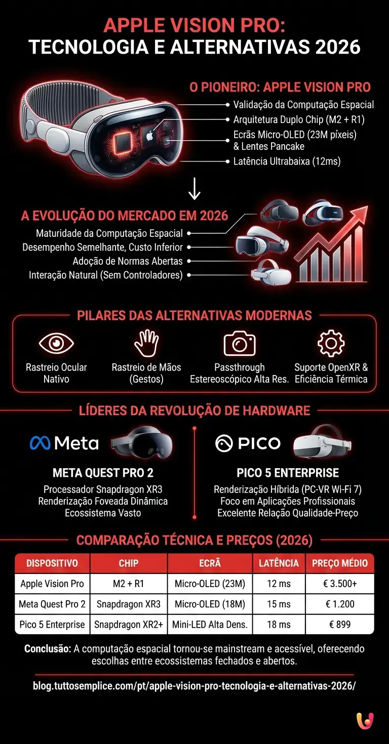 Apple Vision Pro: Tecnologia e Alternativas 2026 - Infogr&aacute;fico resumido