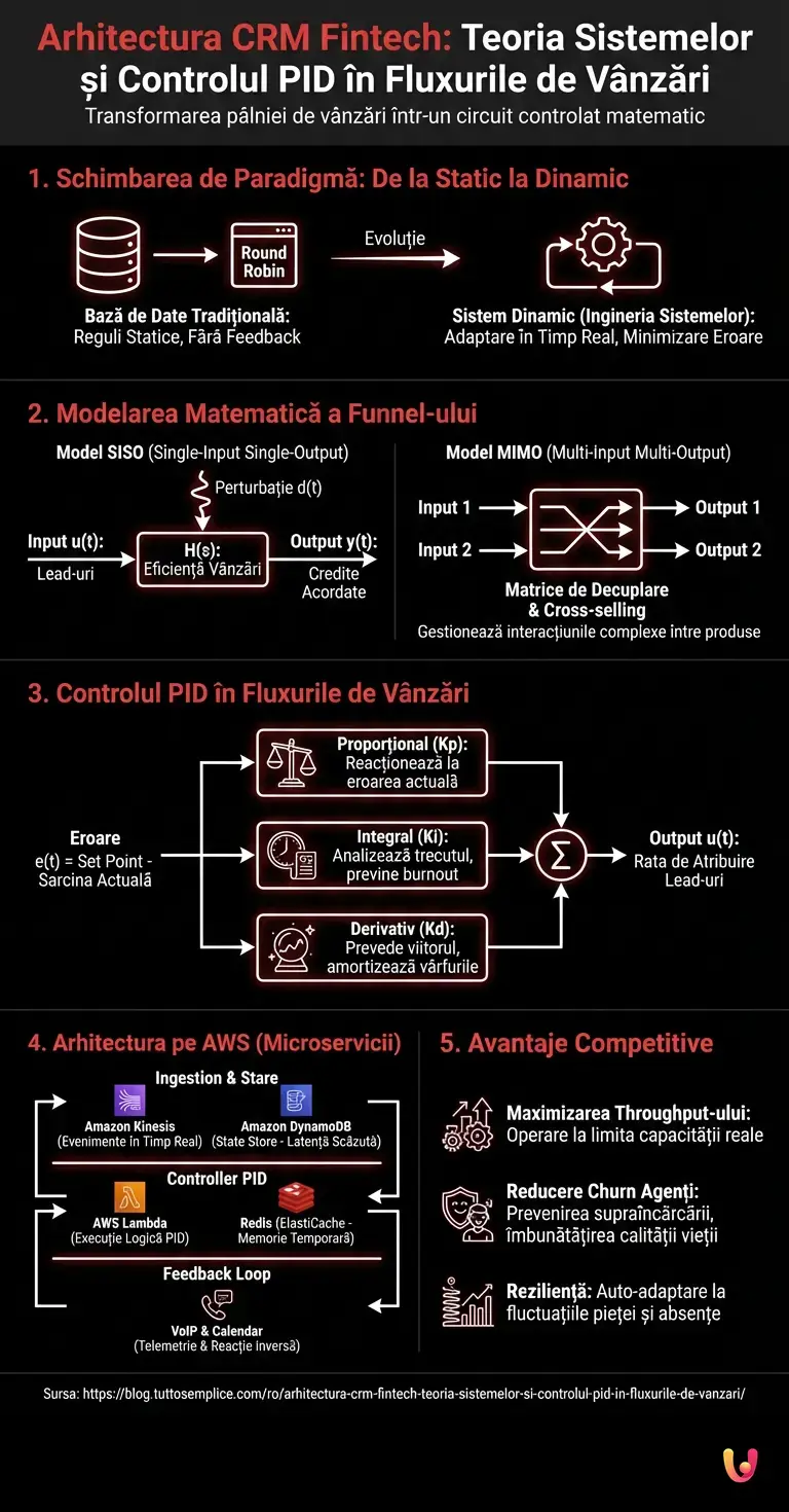 Arhitectura CRM Fintech: Teoria Sistemelor și Controlul PID &icirc;n Fluxurile de V&acirc;nzări - Infografic rezumativ